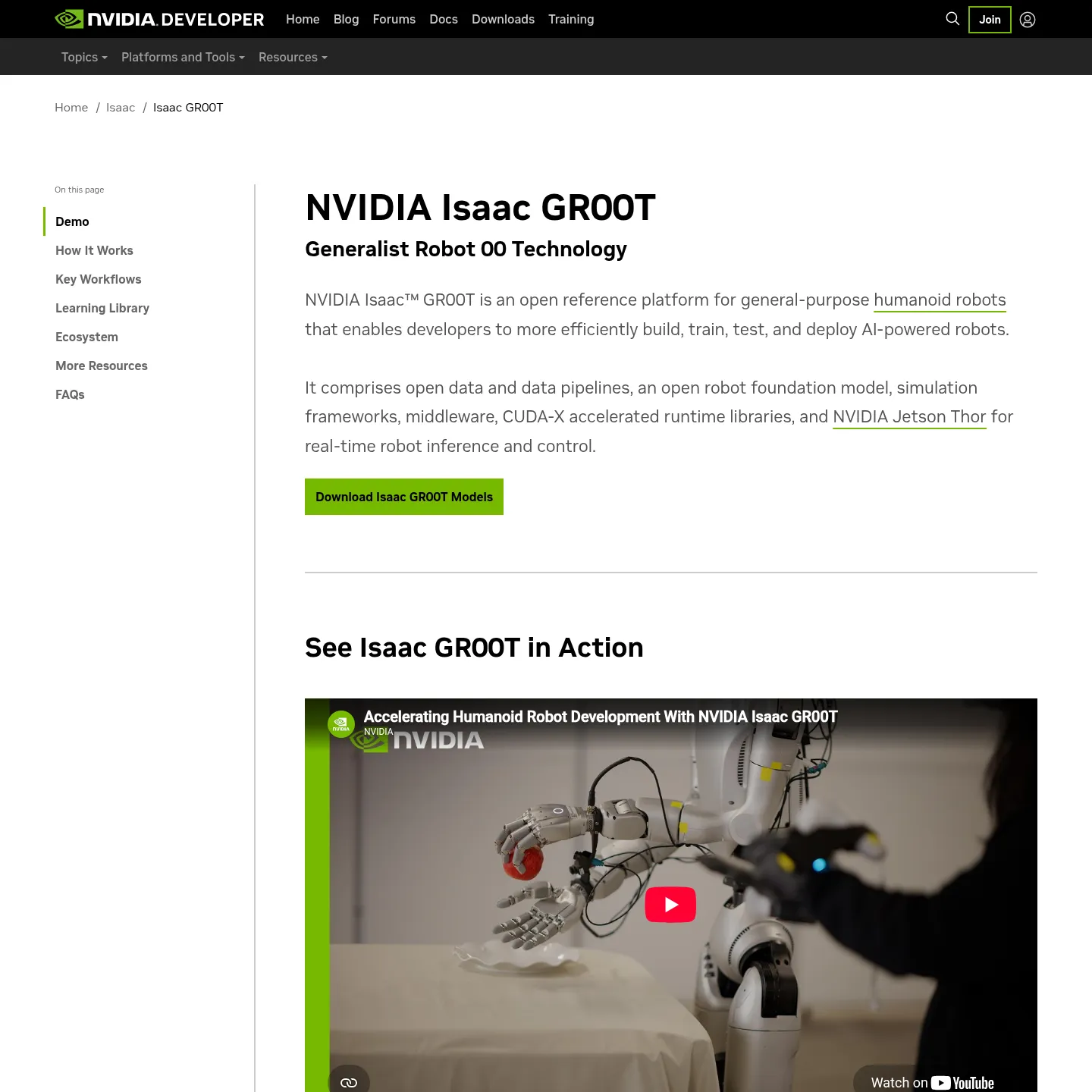 NVIDIA Isaac GR00T page describing its robot foundation models and development platform