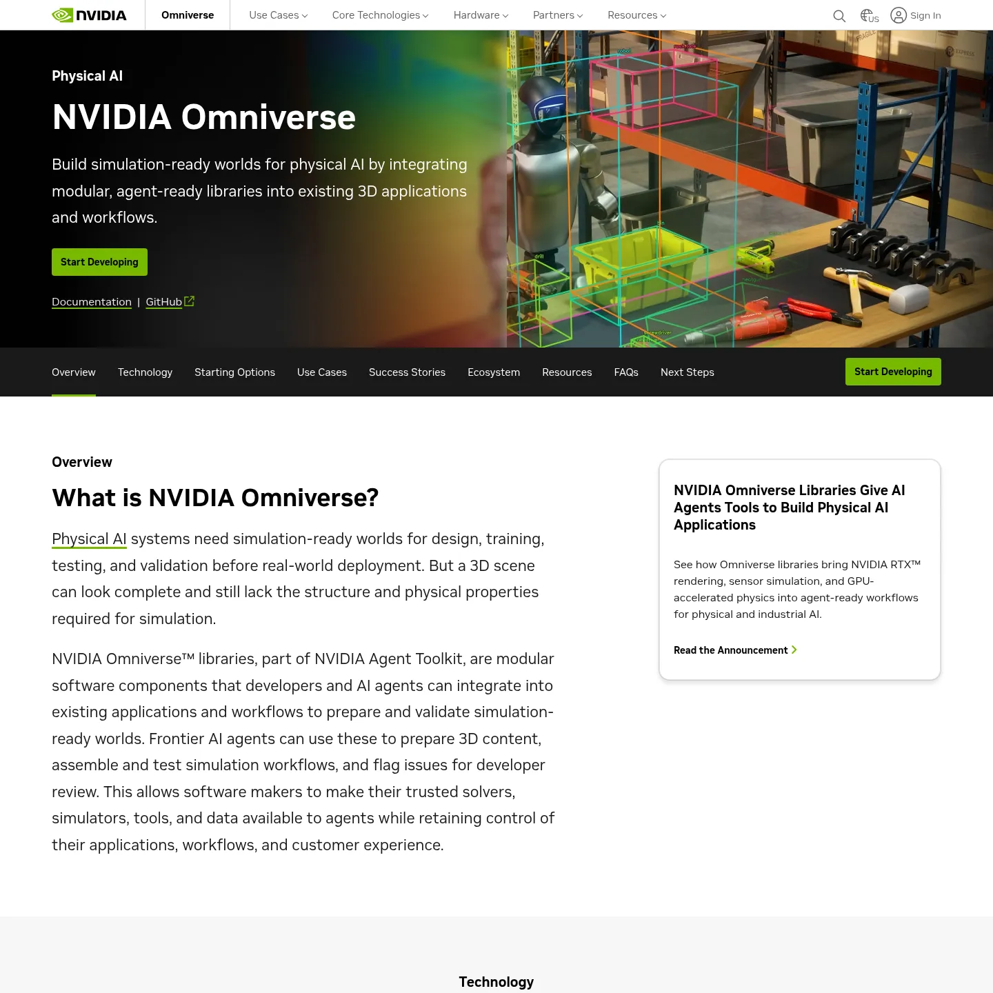 NVIDIA Omniverse page showing libraries for simulation-ready industrial worlds