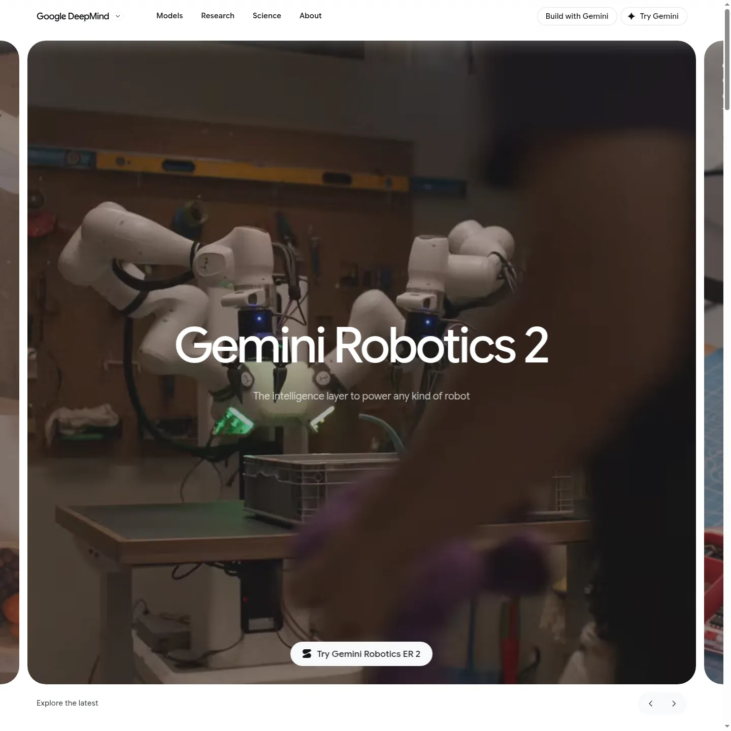 Google DeepMind Gemini Robotics page showing its reasoning, action and on-device model family