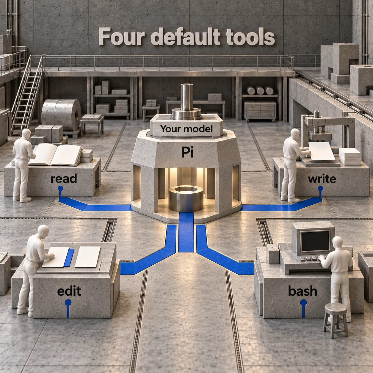 An architectural model connects a chosen model to Pi and four workstations labeled read, write, edit and bash.