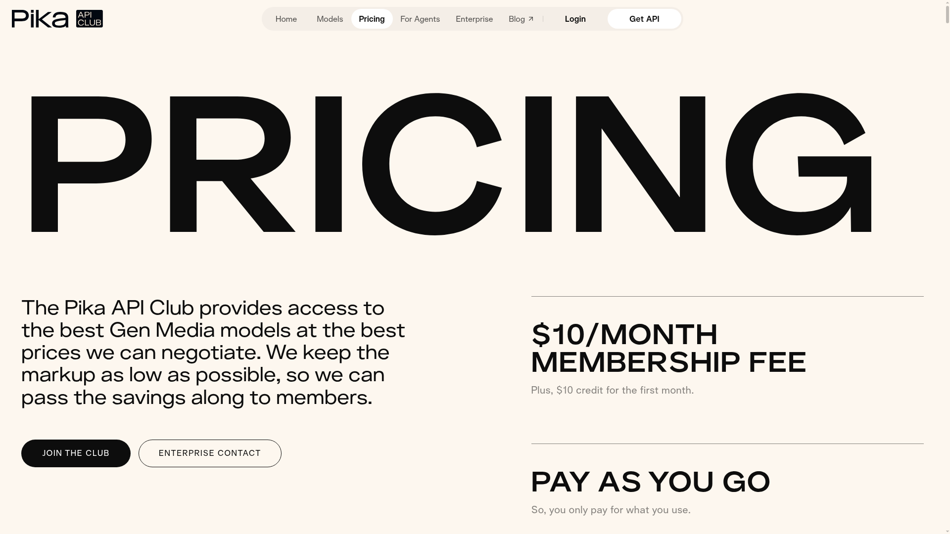 Pika API pricing page showing Pika Speech at one cent per minute