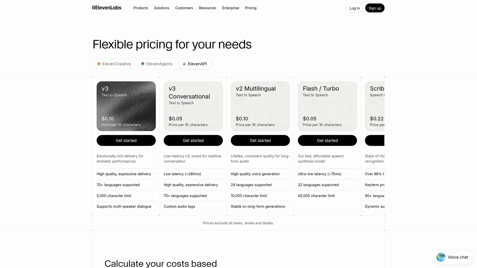 Flash、Turbo、v3のテキスト読み上げ料金が表示されたElevenLabs API料金ページ