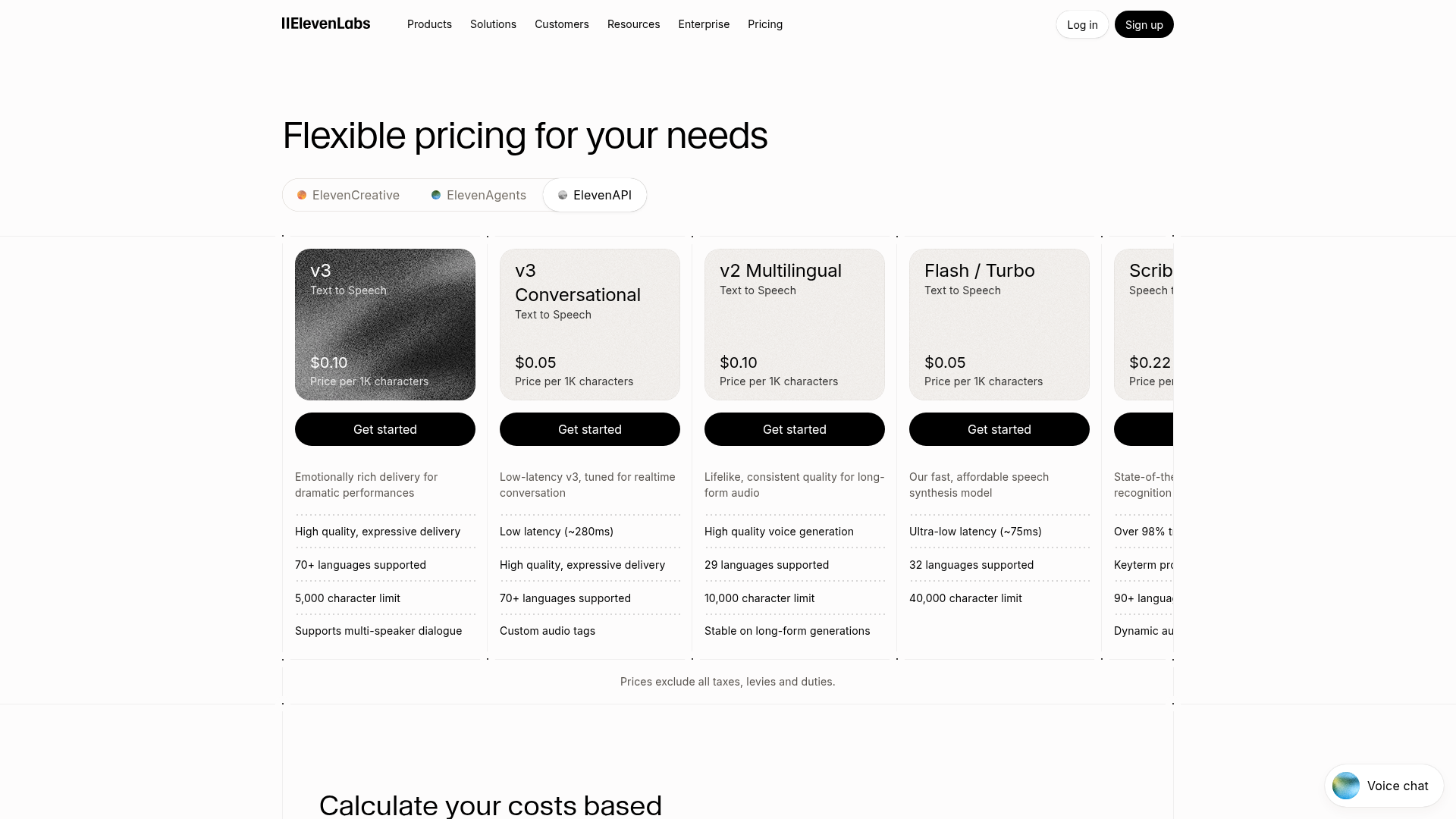 ElevenLabs API pricing page showing Flash Turbo and v3 text to speech rates