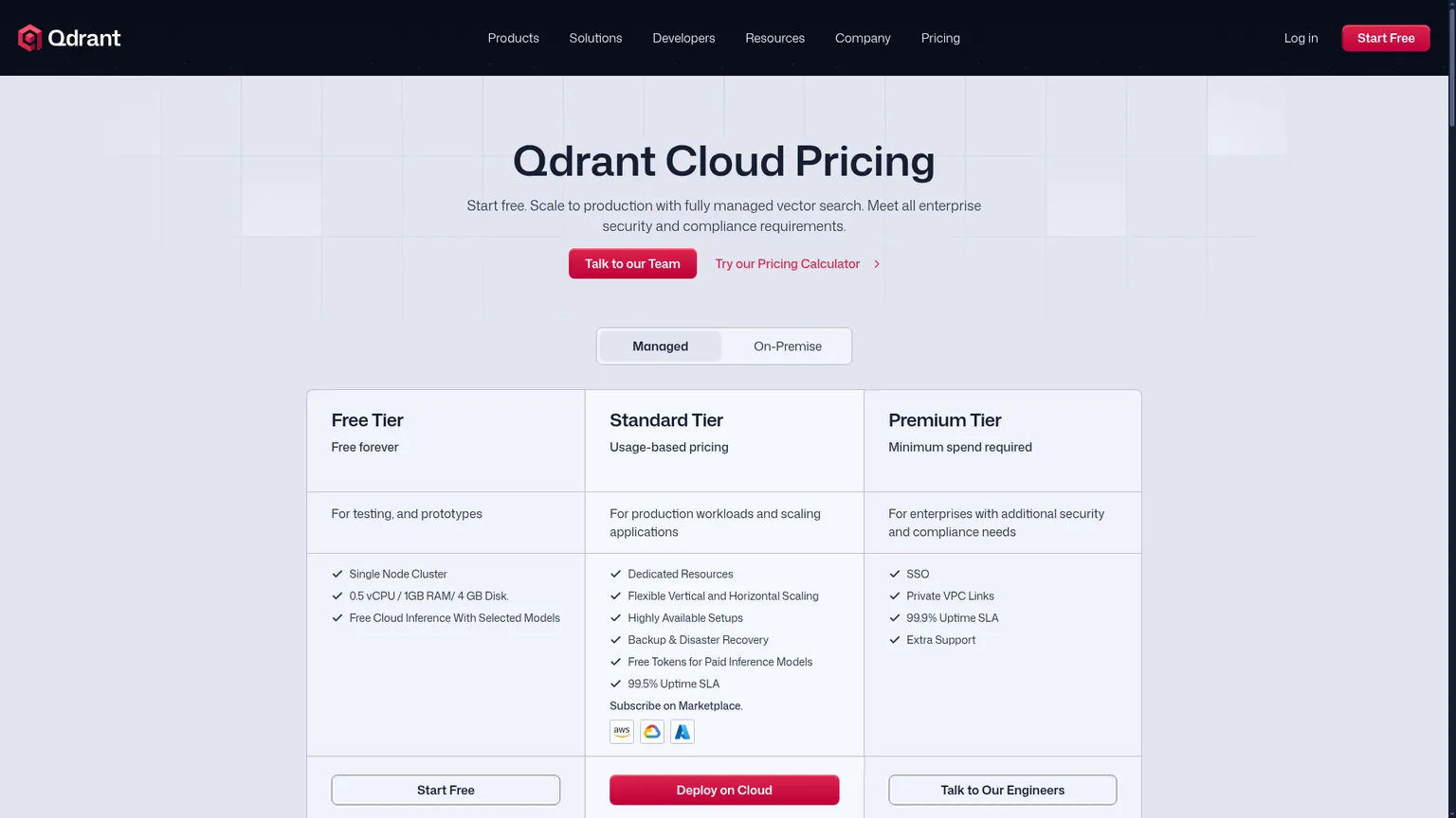 Qdrant Cloud 实时价格页，列出免费集群的资源限制