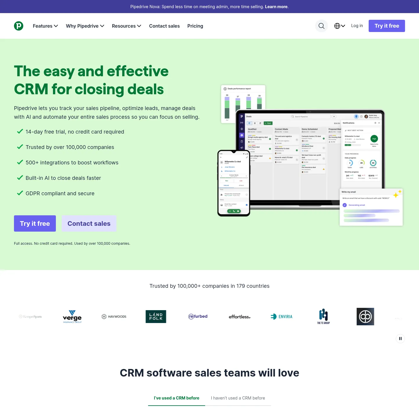 Pipedrive homepage showing its sales CRM and pipeline positioning