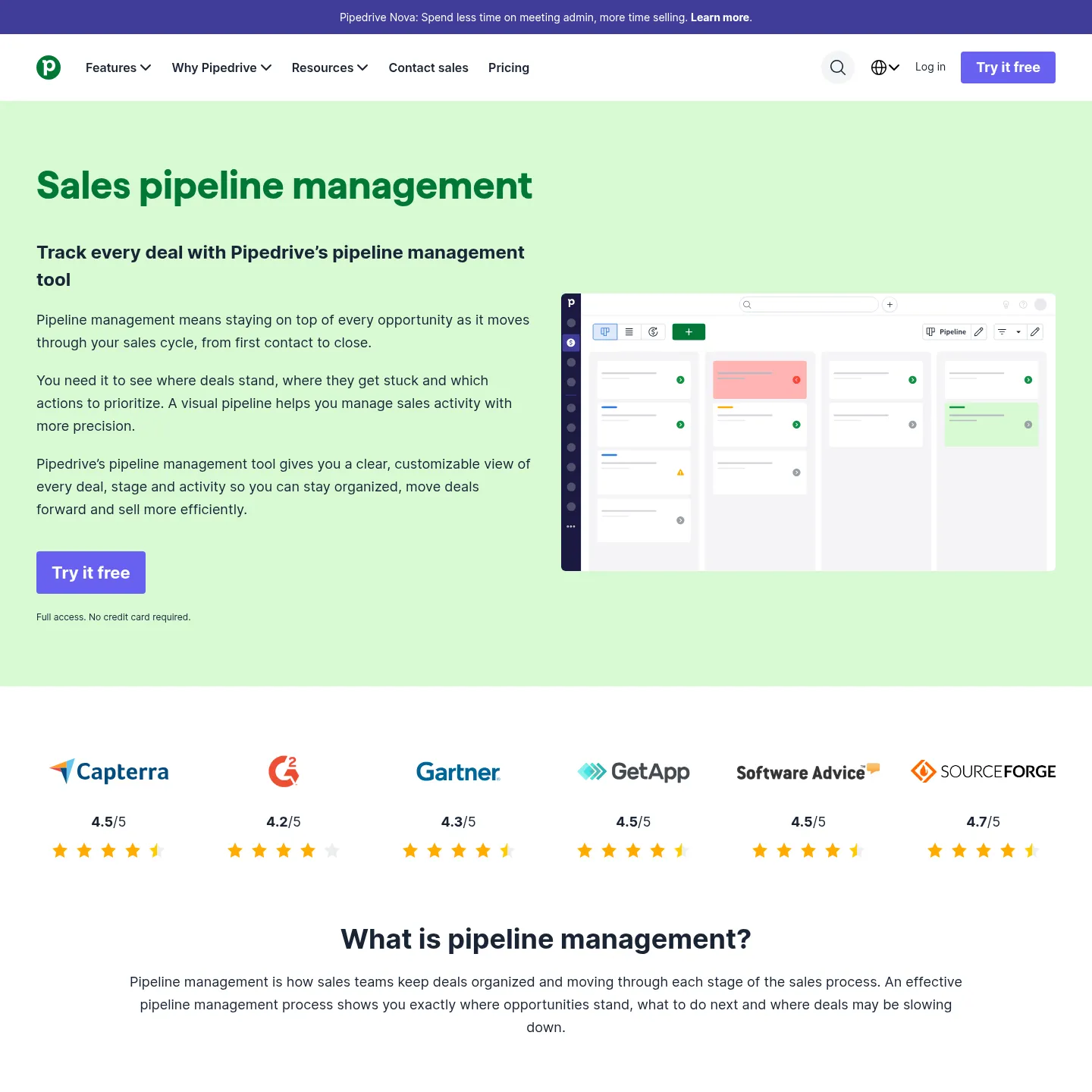 Pipedrive pipeline management page showing the visual deal pipeline