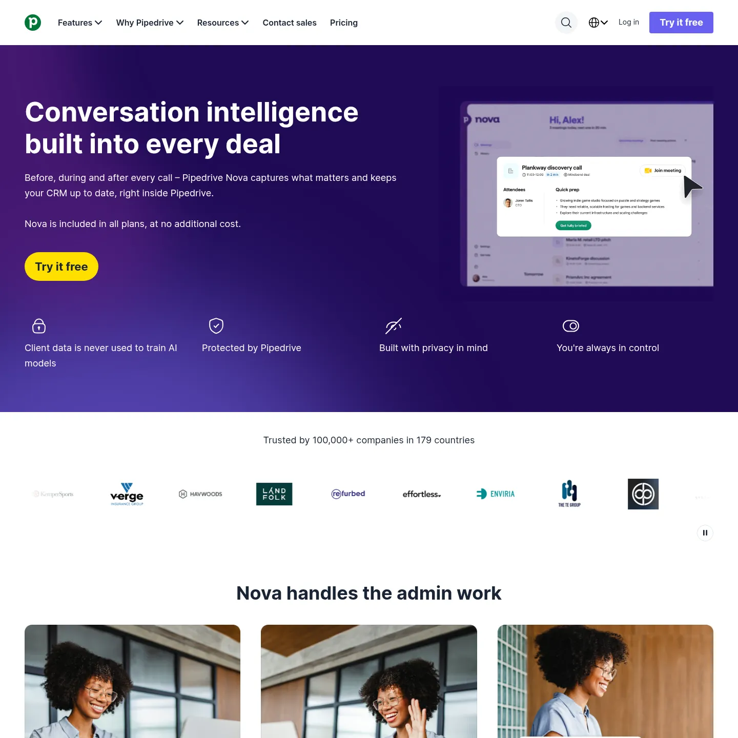Pipedrive Nova page describing meeting briefs, transcripts and CRM update suggestions