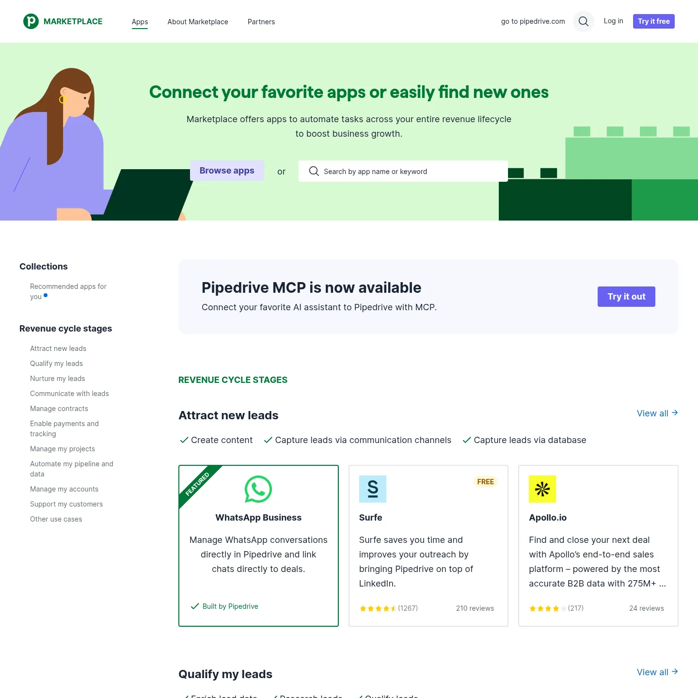 Pipedrive Marketplace with apps and integration categories