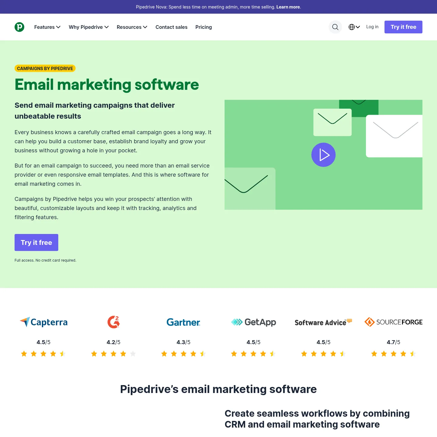 Campaigns by Pipedrive page with email builder, segmentation and analytics