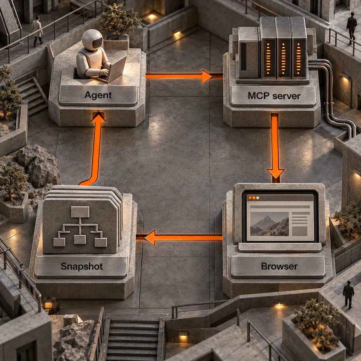 Architectural diagram showing an agent sending actions through the MCP server to a browser, with a page snapshot returning to the agent.
