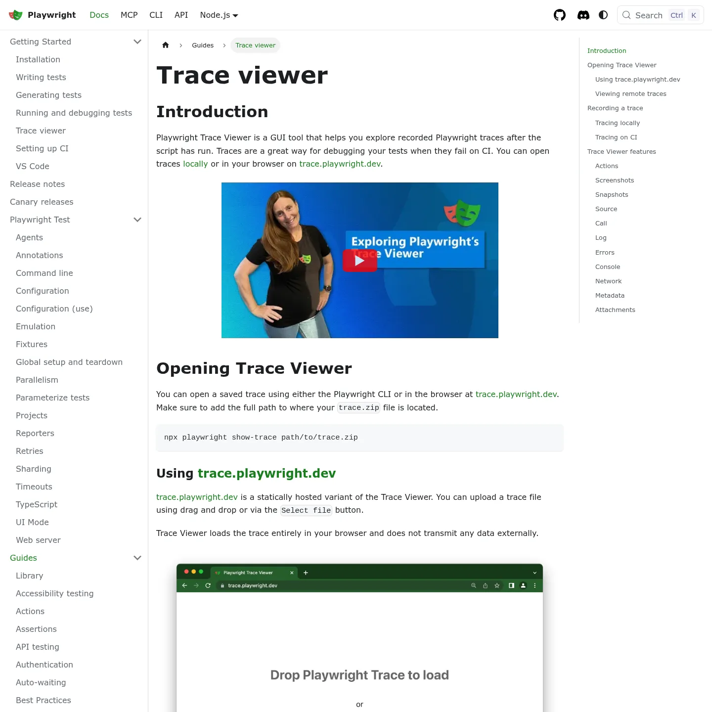 Documentation de Playwright présentant Trace Viewer et les actions enregistrées pendant un test