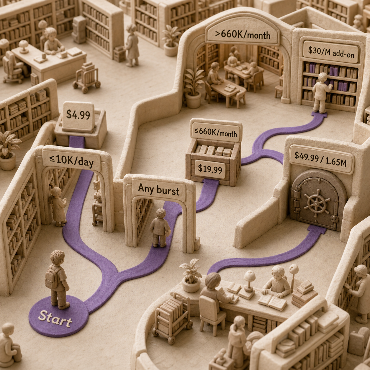 Decision flow routing steady daily Poe usage to the $4.99 plan and burst usage to pooled plans