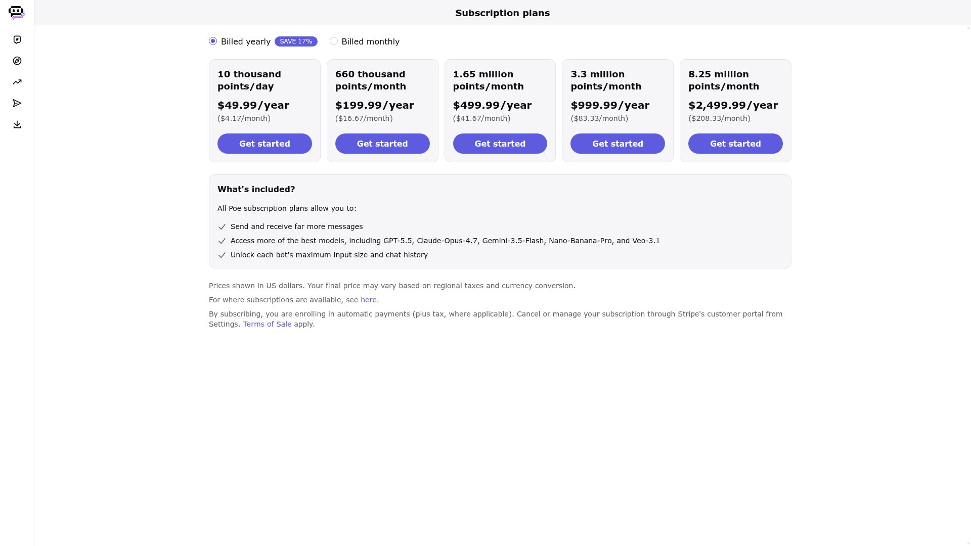 Poe subscription pricing page showing five paid point allowances