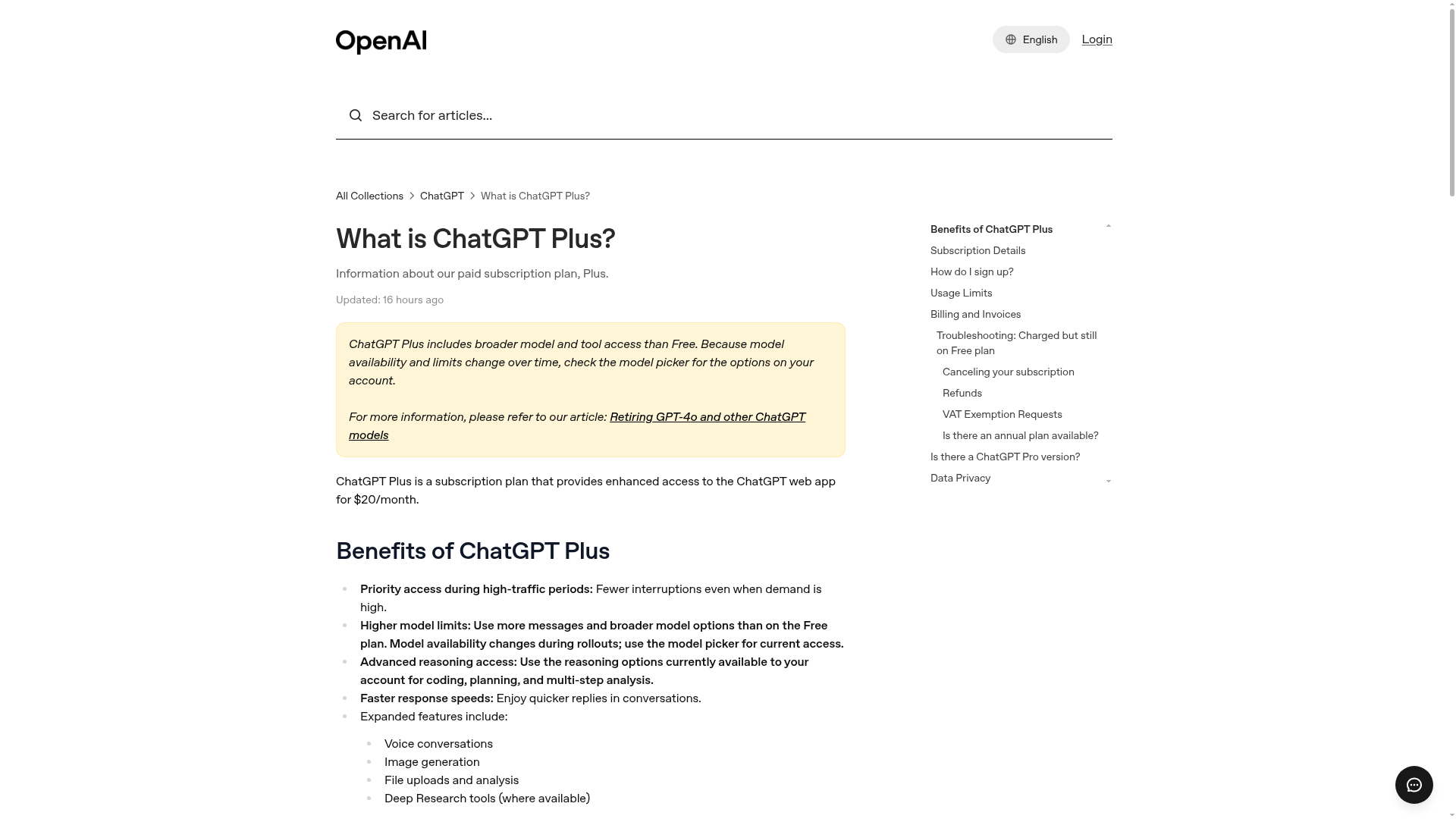 Official ChatGPT Plus help page with the $20 monthly price