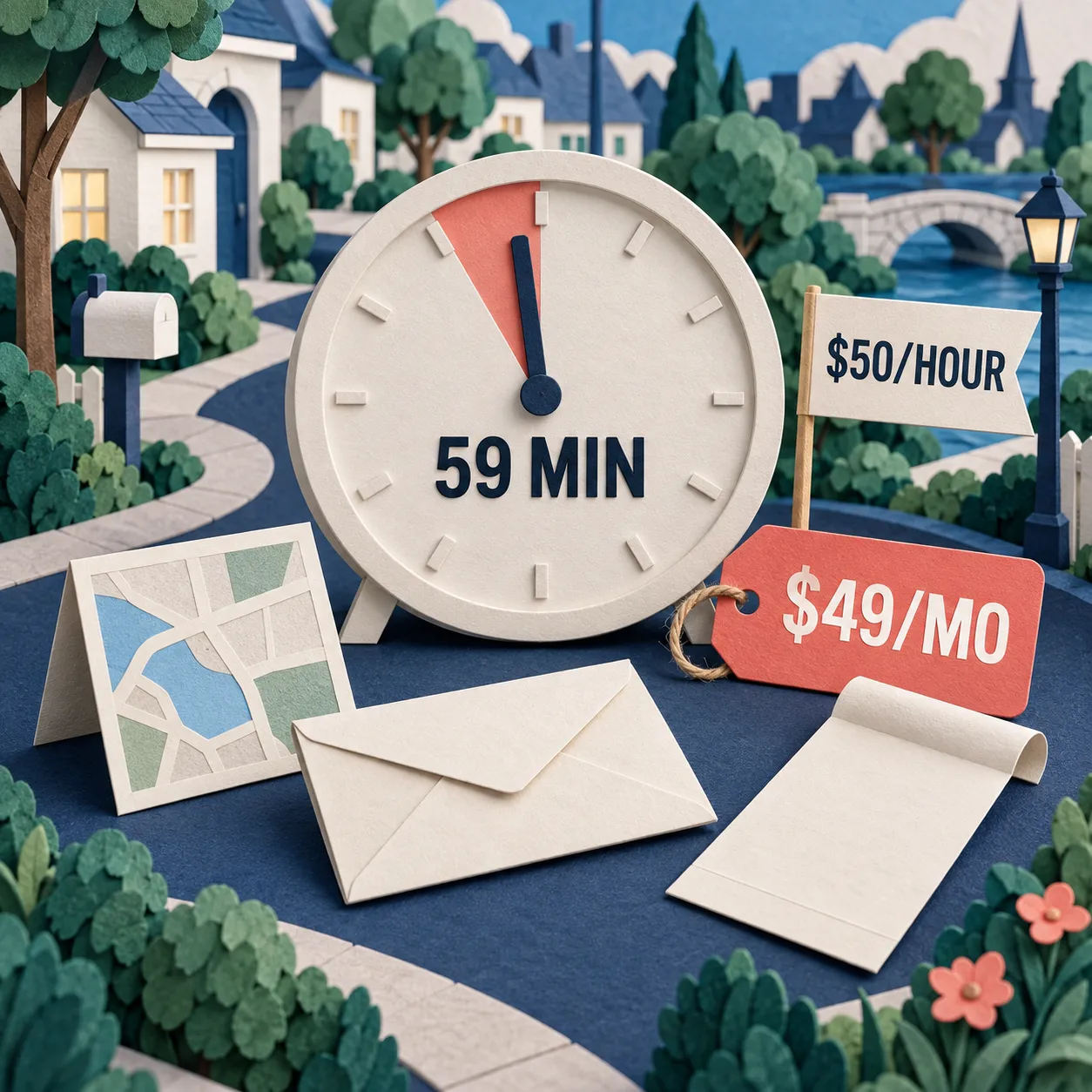 Paper-craft clock showing a 59-minute monthly break-even at 50 dollars per owner hour for the 49 dollar Solo plan