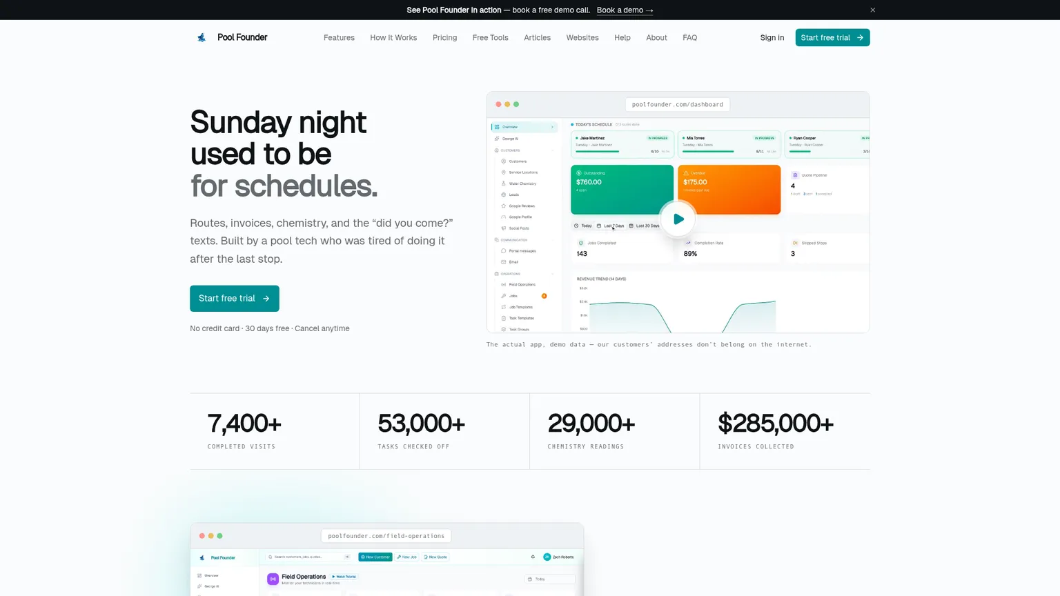 Pool Founder homepage showing routes, mobile field work, billing, and current Solo pricing