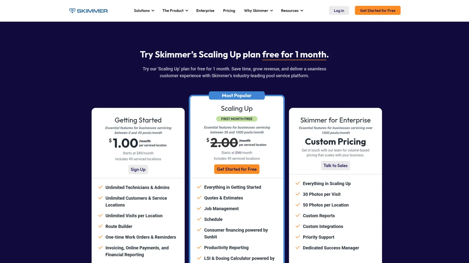 Skimmer pricing page showing Getting Started and Scaling Up per-location plans