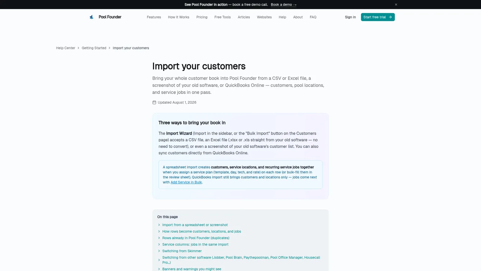Pool Founder help page explaining spreadsheet, screenshot, and QuickBooks customer import