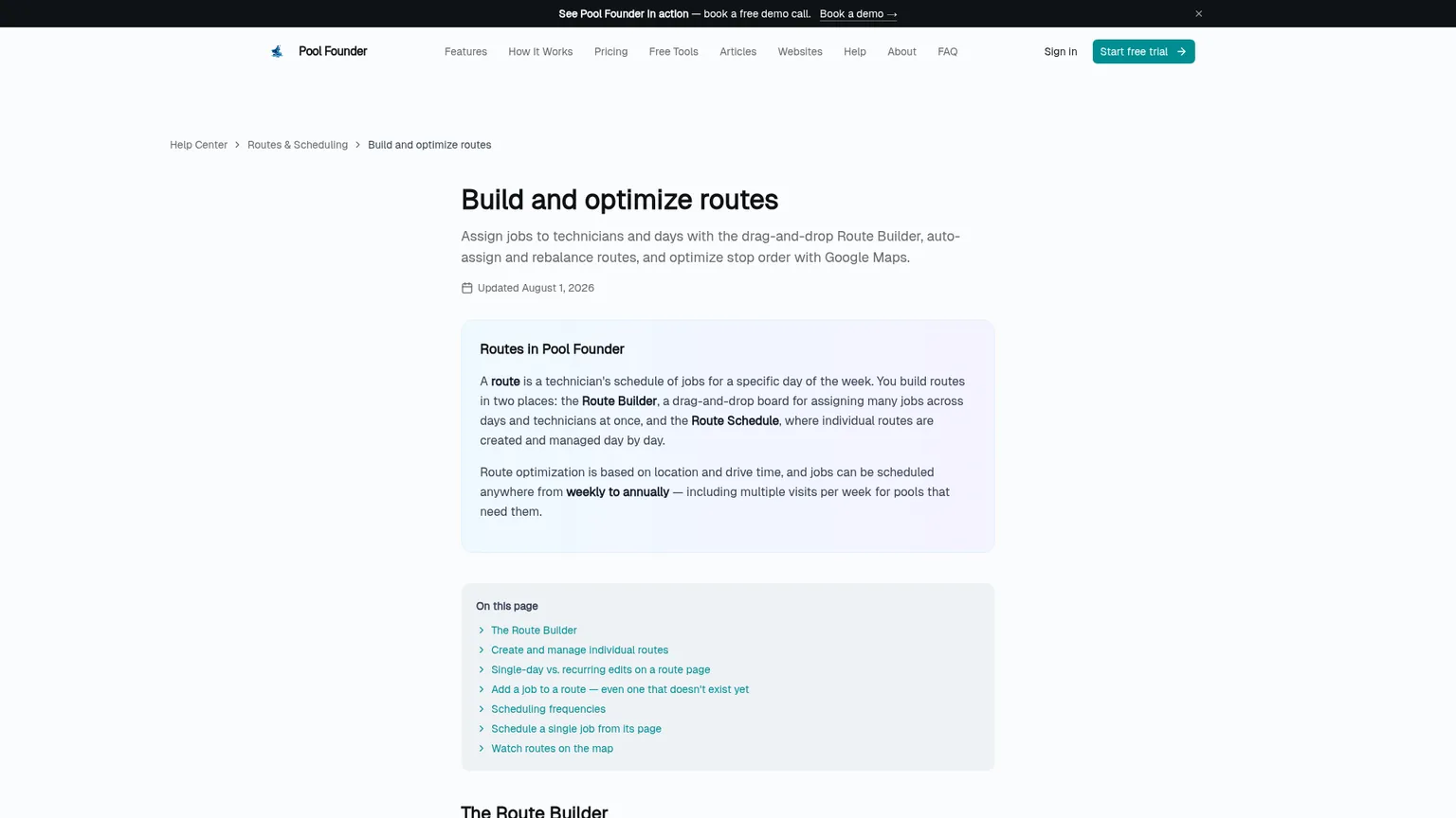 Pool Founder Route Builder help page showing route assignment, optimization, and preview controls
