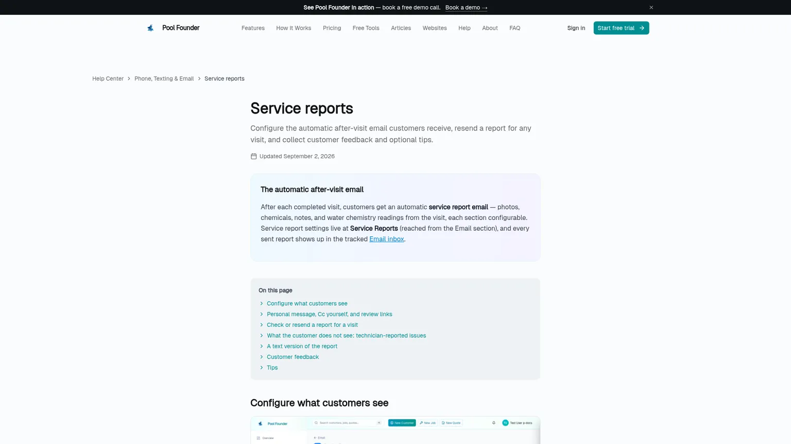 Pool Founder service-report settings page with configurable report sections and preview