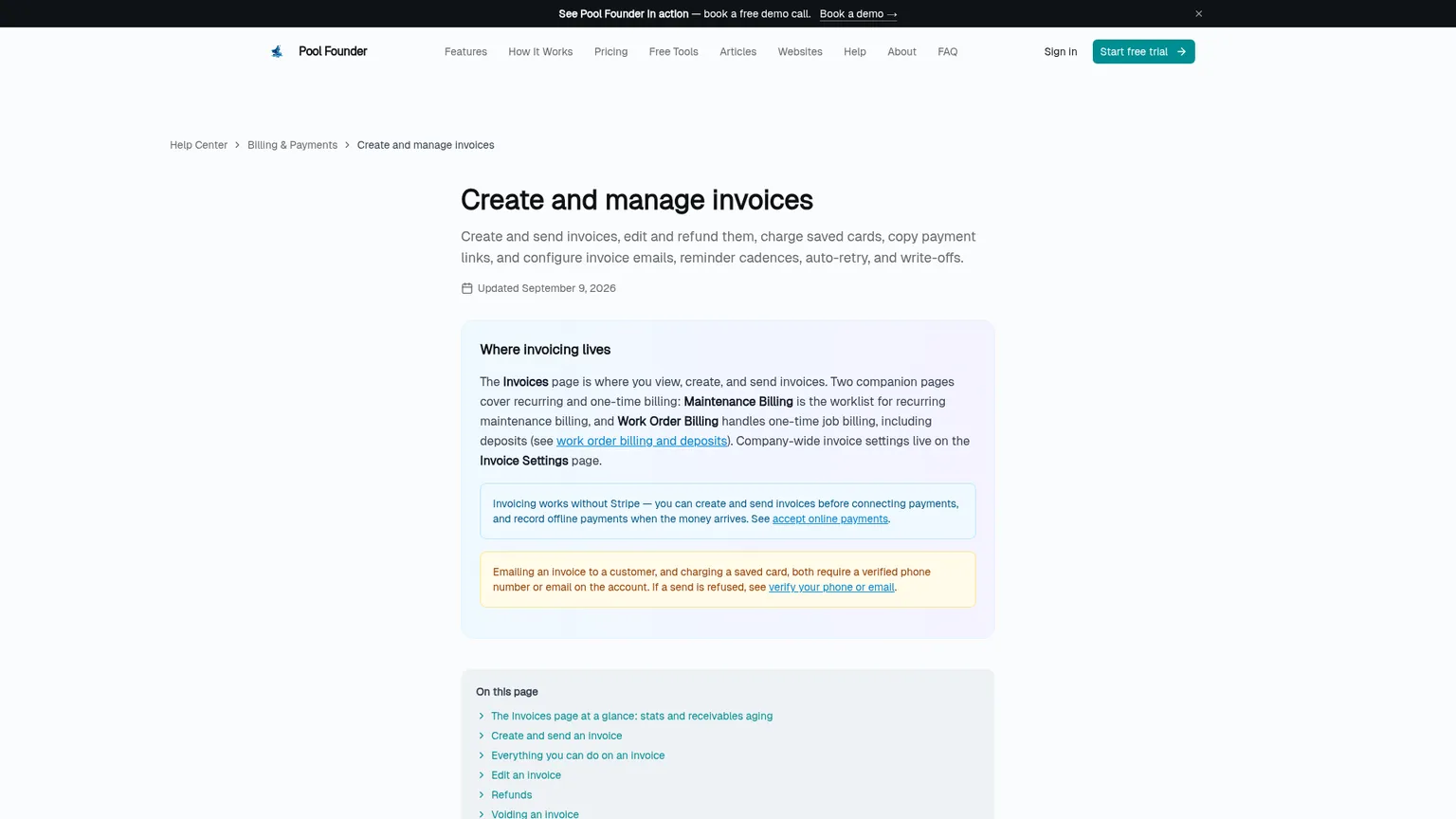 Pool Founder invoice help page showing create, send, payment, edit, and refund workflows