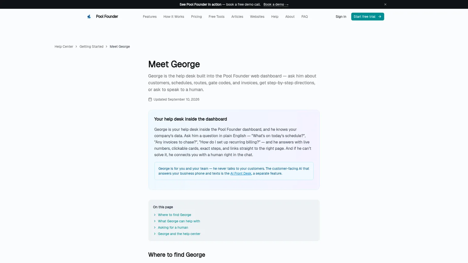 Pool Founder help page defining George as an internal data and support assistant