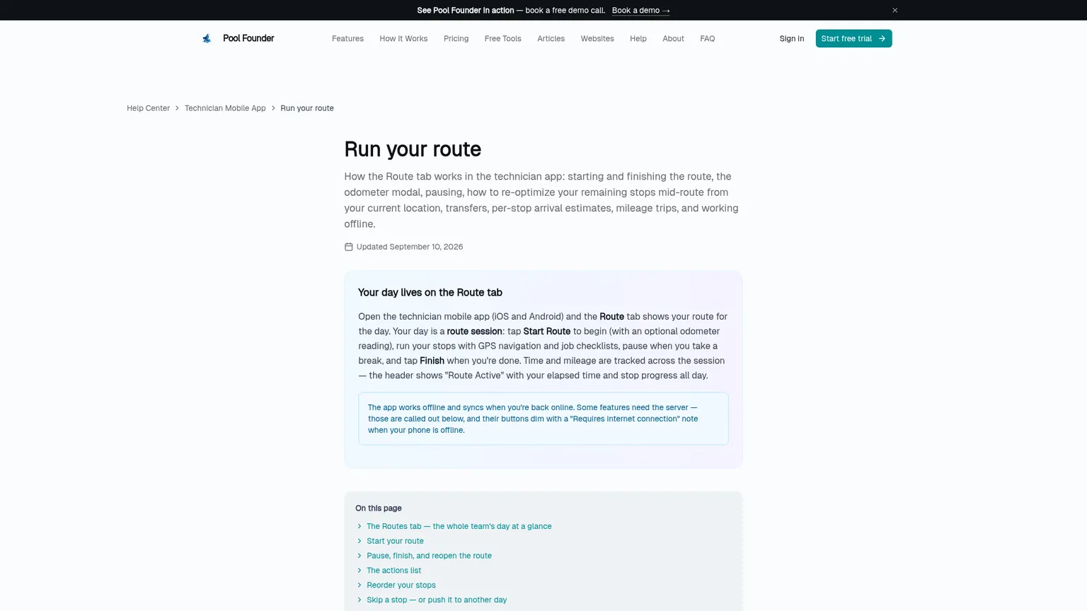 Pool Founder technician mobile help page explaining route work and offline behavior