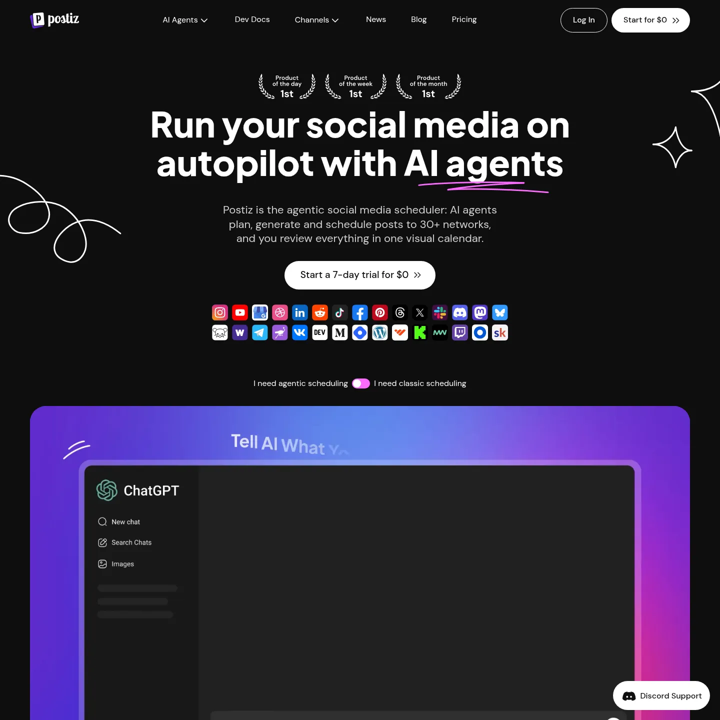 Postiz homepage showing its social publishing and AI agent positioning