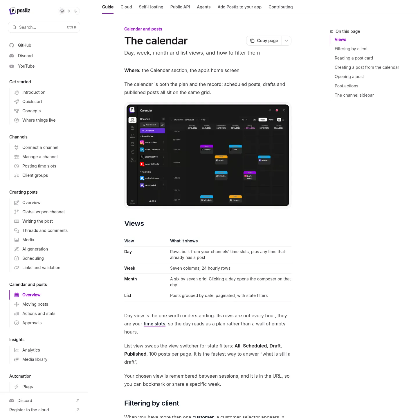Postiz calendar documentation with its week-view product screenshot