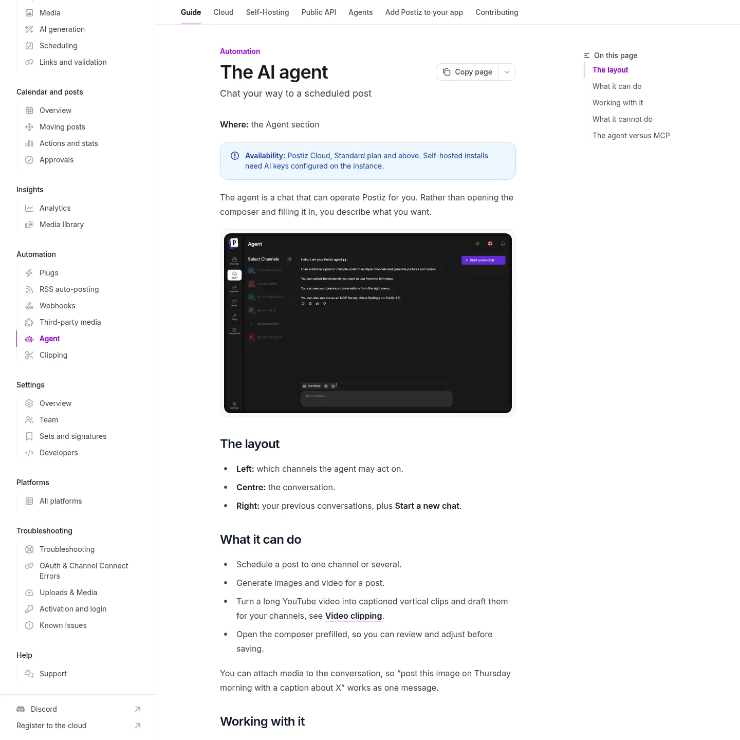 Postiz AI agent documentation showing the chat and channel selector
