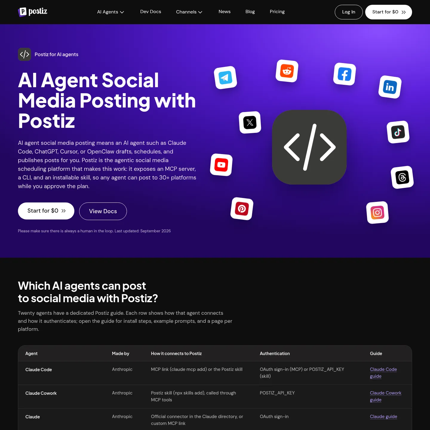 Postiz agent integration page describing its MCP, CLI and automation connections