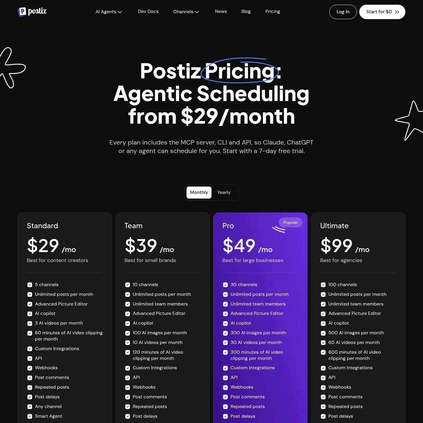 Postiz cloud pricing page with Standard, Team, Pro and Ultimate plans