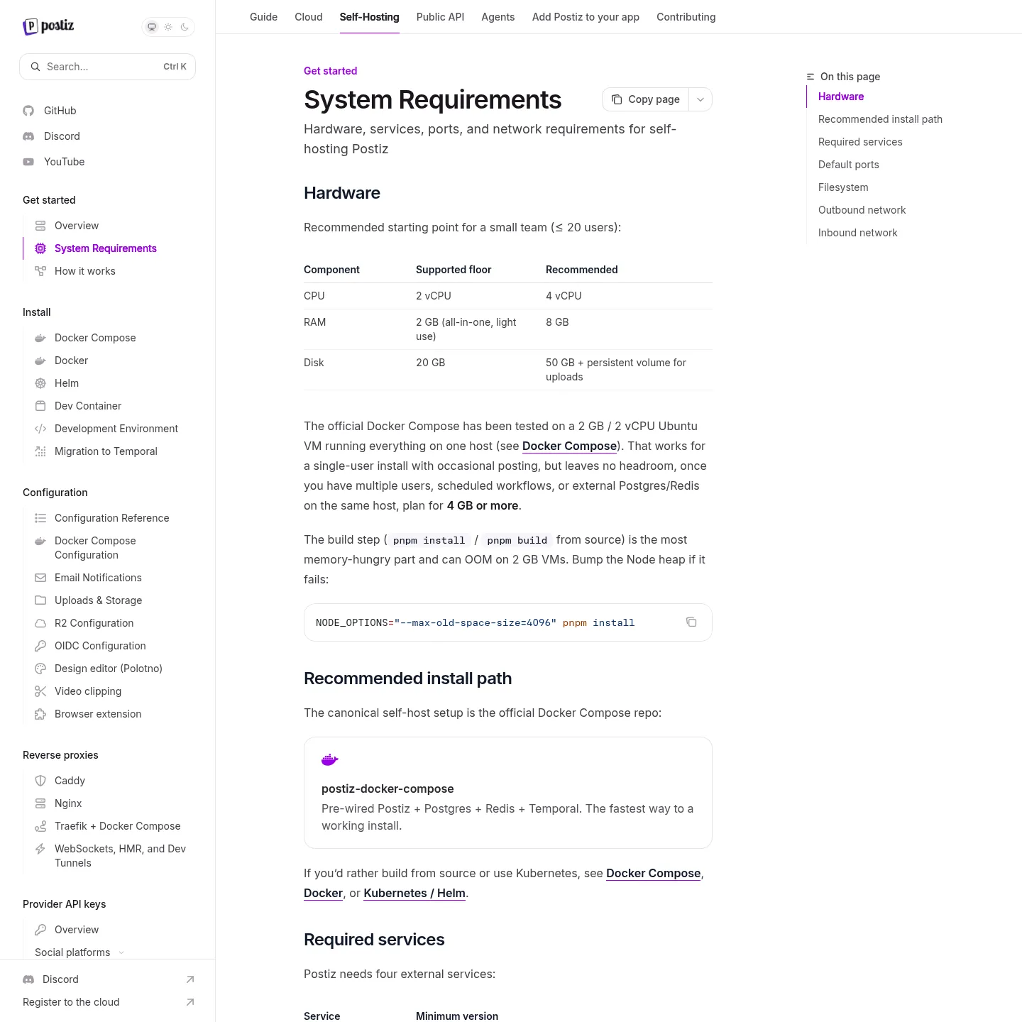 Postiz system requirements documentation showing hardware and required services