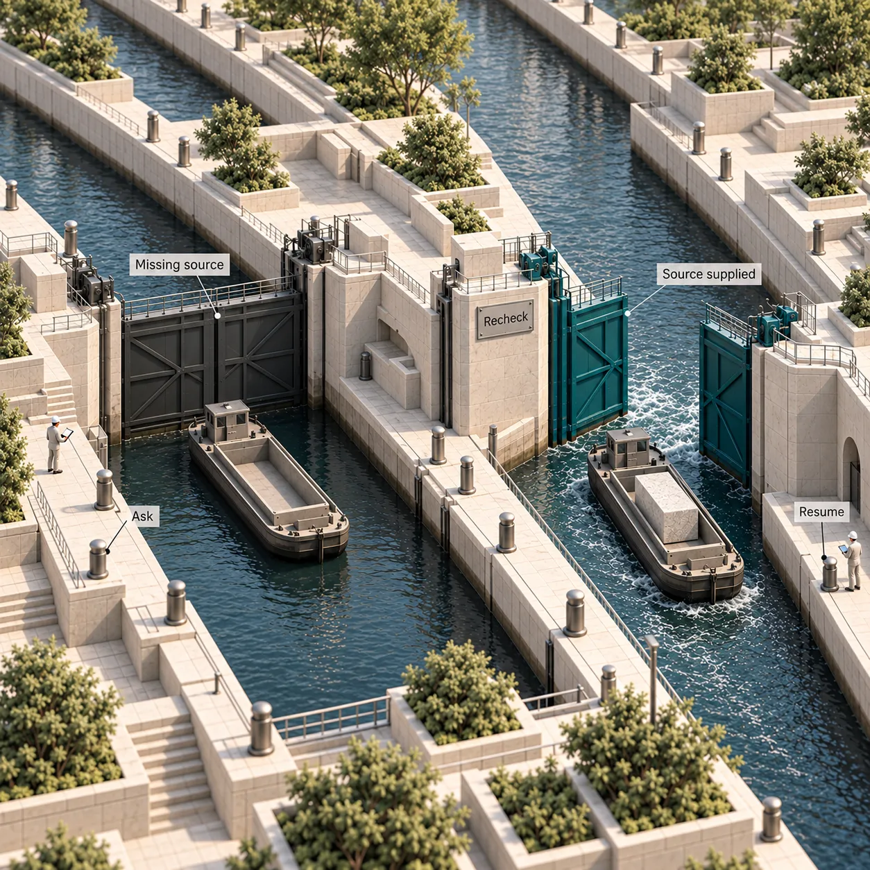 两座建筑风格的运河水池，对比缺少来源信息时的暂停状态，以及补齐依据、重新检查后恢复执行的案例