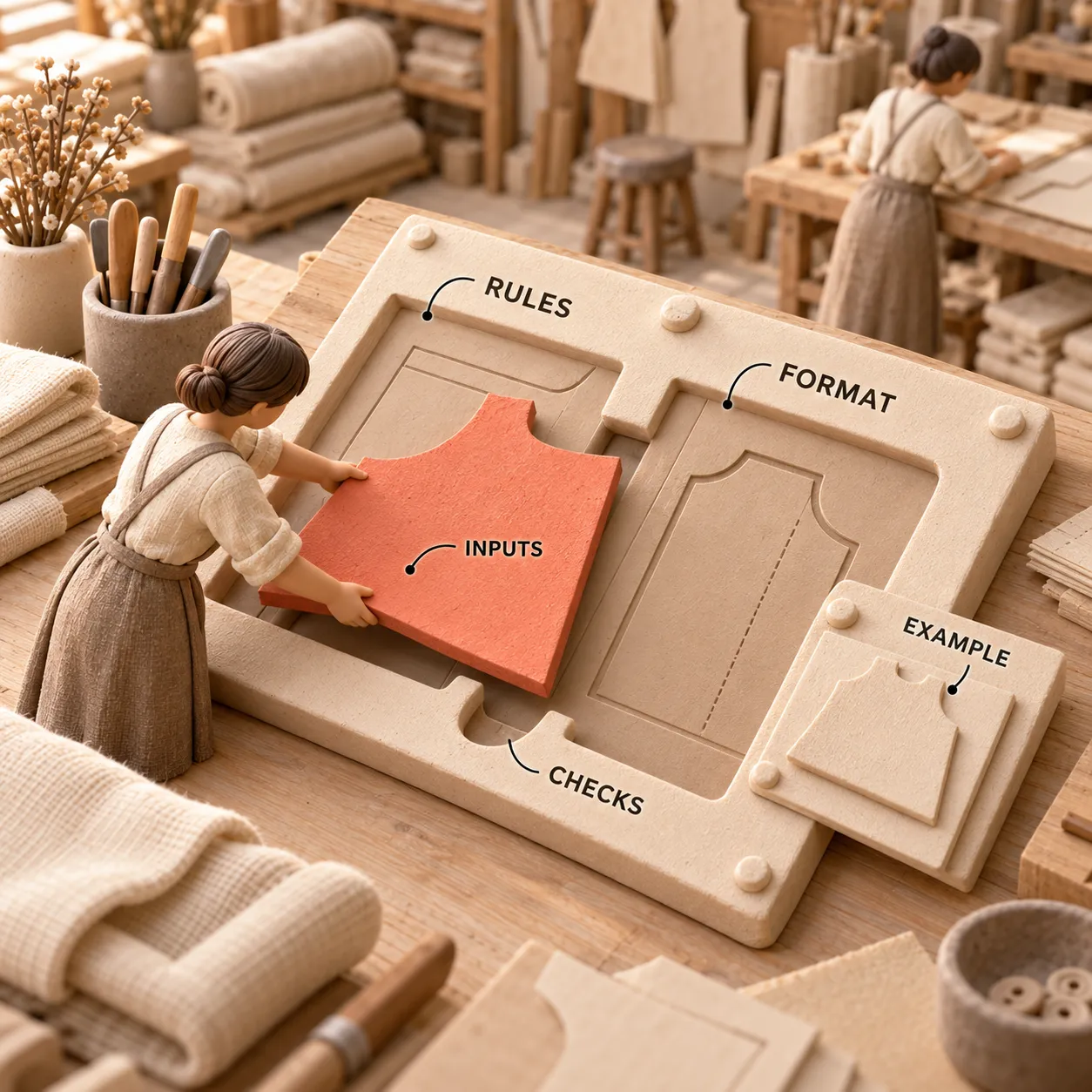 A clay pattern frame holds fixed rules and format while a removable input swatch changes; an example flap and checking notch stay attached.