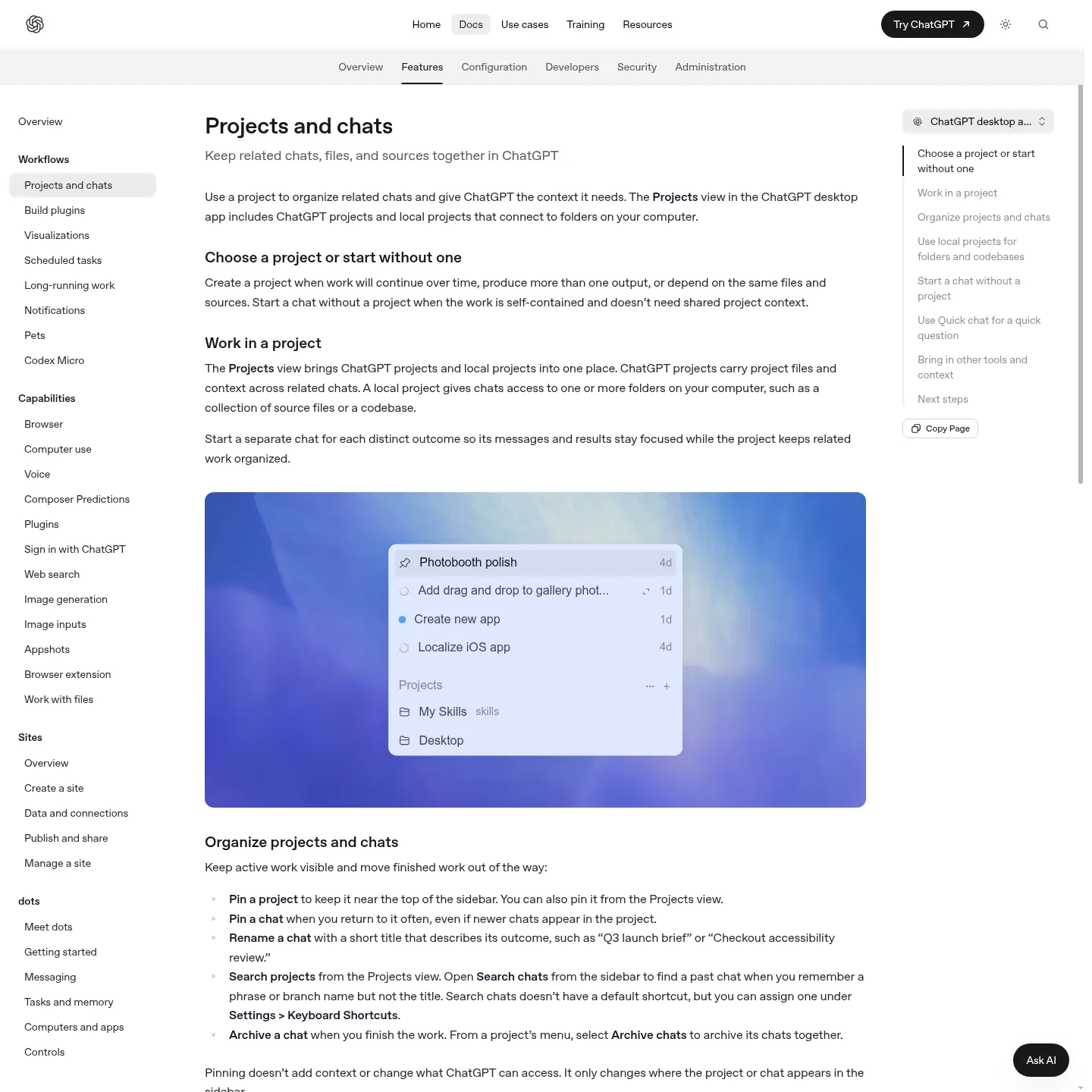 OpenAI documentation showing how ChatGPT projects organize chats, instructions and sources.