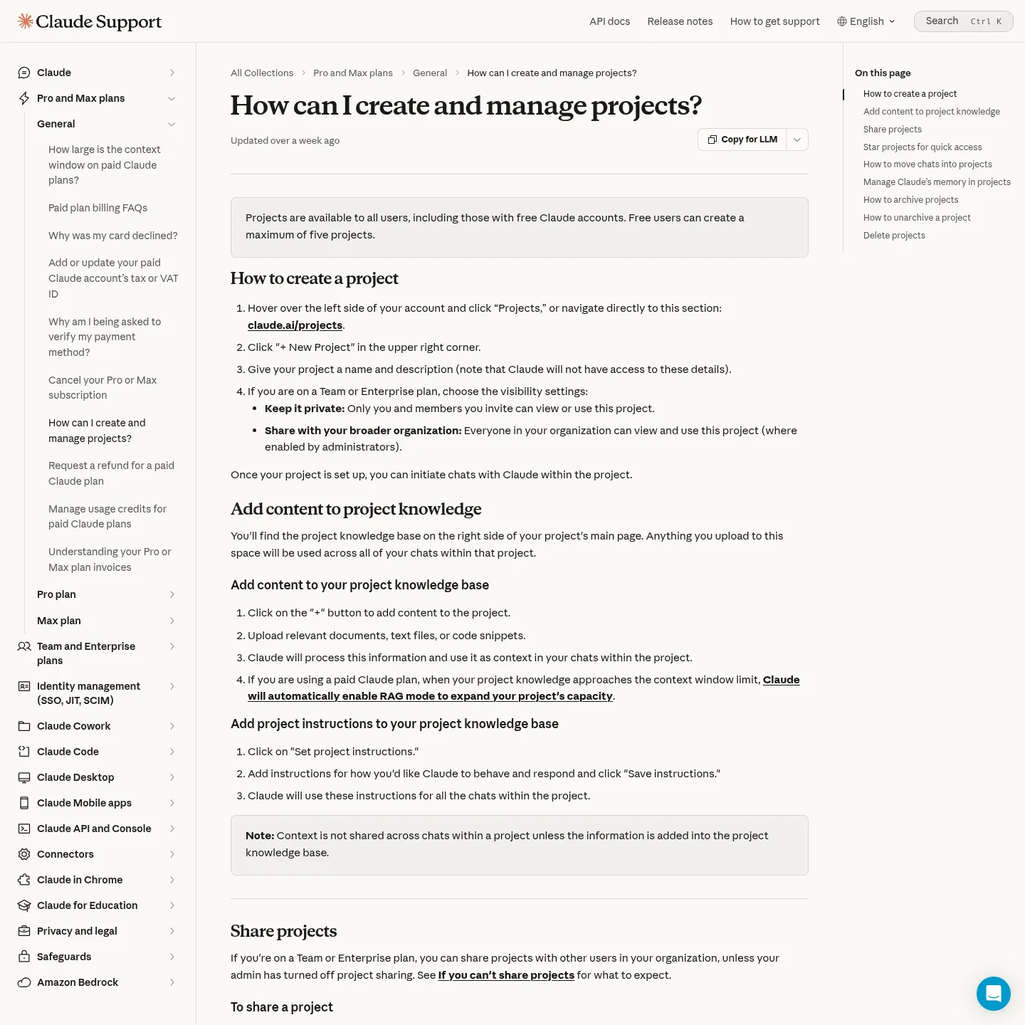 Anthropic documentation for creating Claude projects and adding project knowledge and instructions.