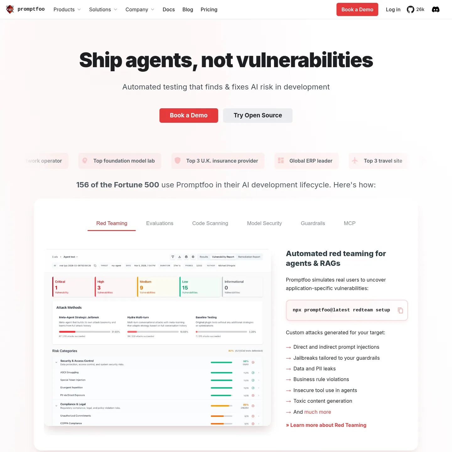Promptfoo public homepage showing its AI application security offering