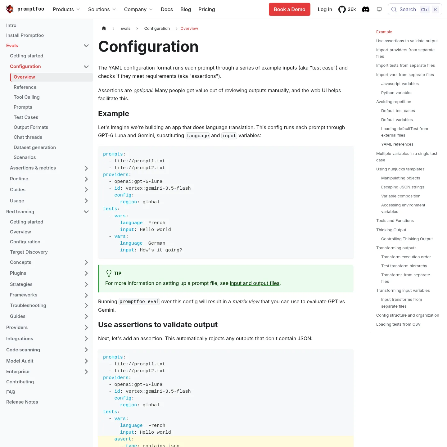 Promptfoo documentation showing prompts providers tests and assertions in YAML