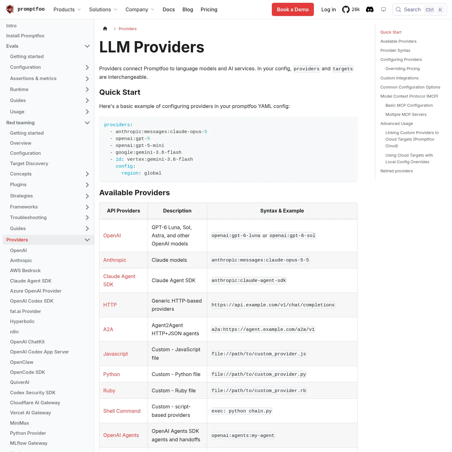 Promptfoo provider documentation listing model services and custom integration adapters