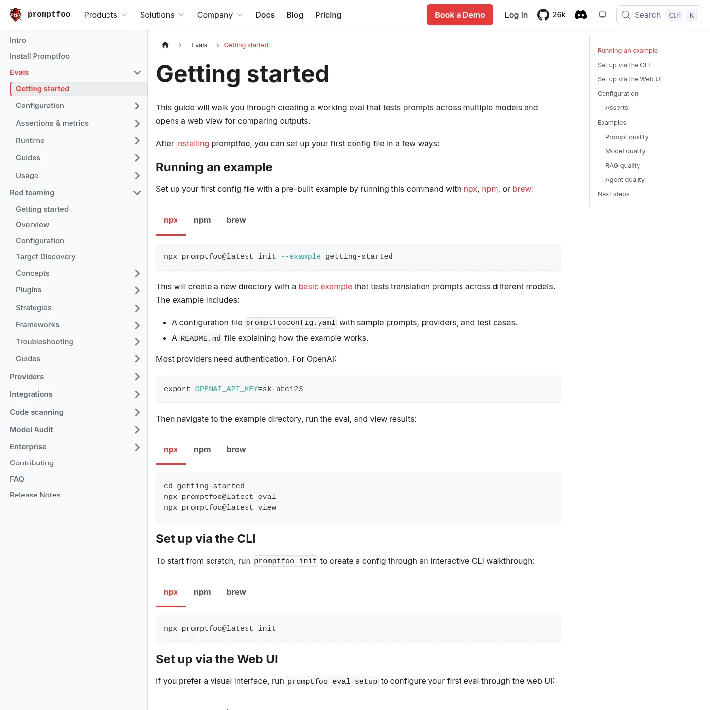 Promptfoo getting-started documentation with public configuration and results-view guidance