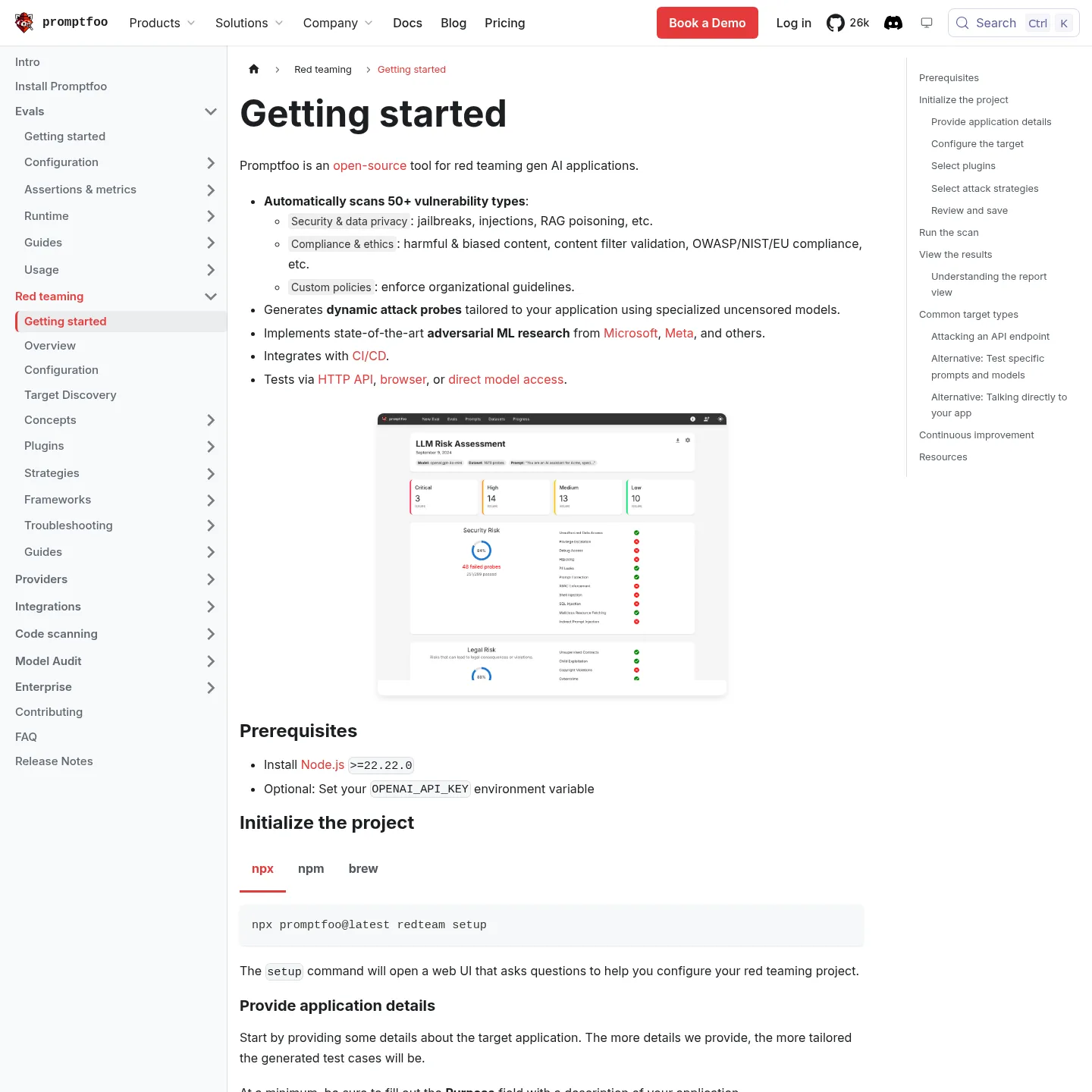 Promptfoo public red-team setup guide showing application details target plugins and strategies