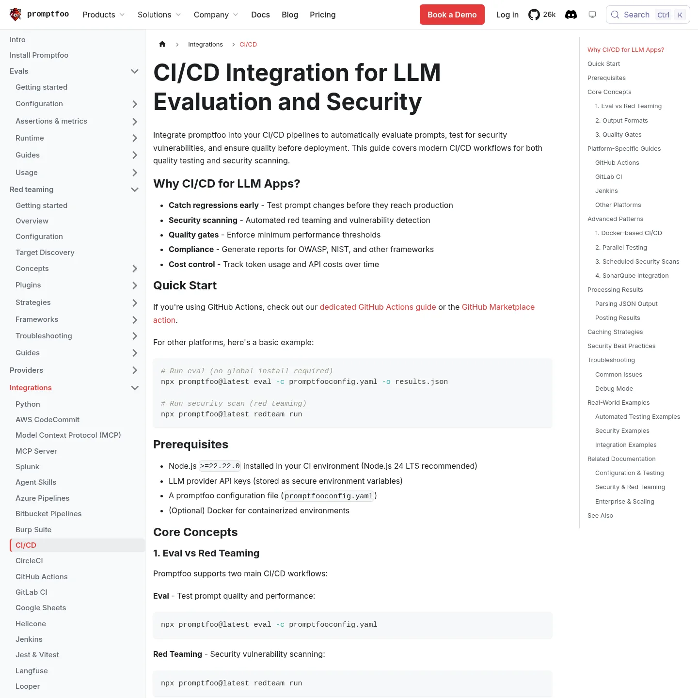 Promptfoo CI documentation showing eval commands output formats and quality gates