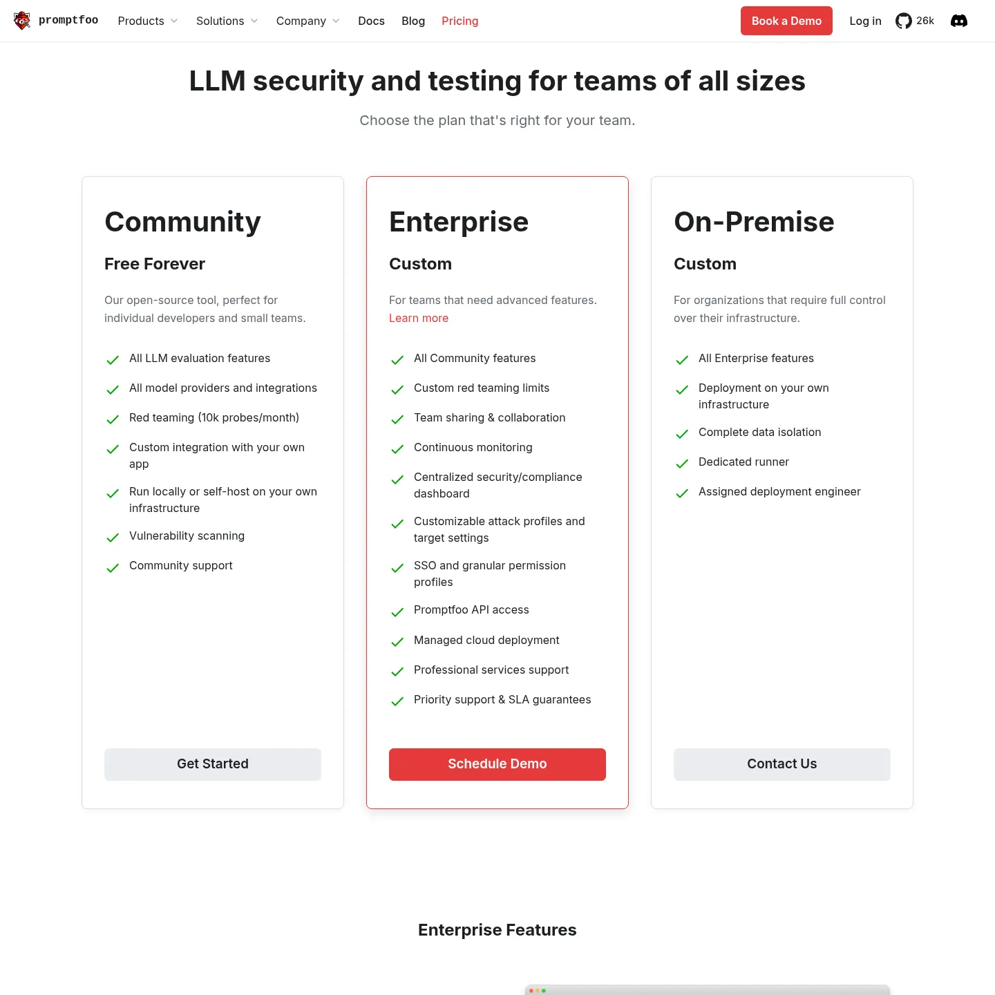 Promptfoo pricing page displaying Community Enterprise and On-Premise plans