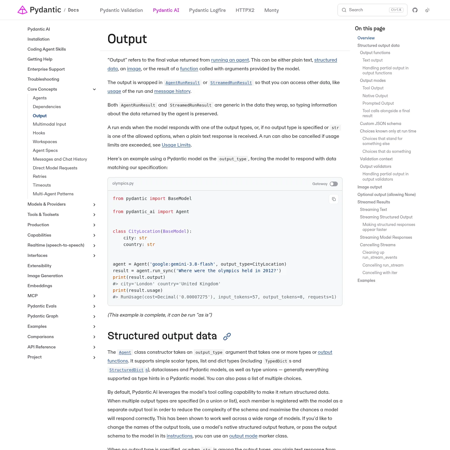 Pydantic AI documentation showing output types and validated structured data