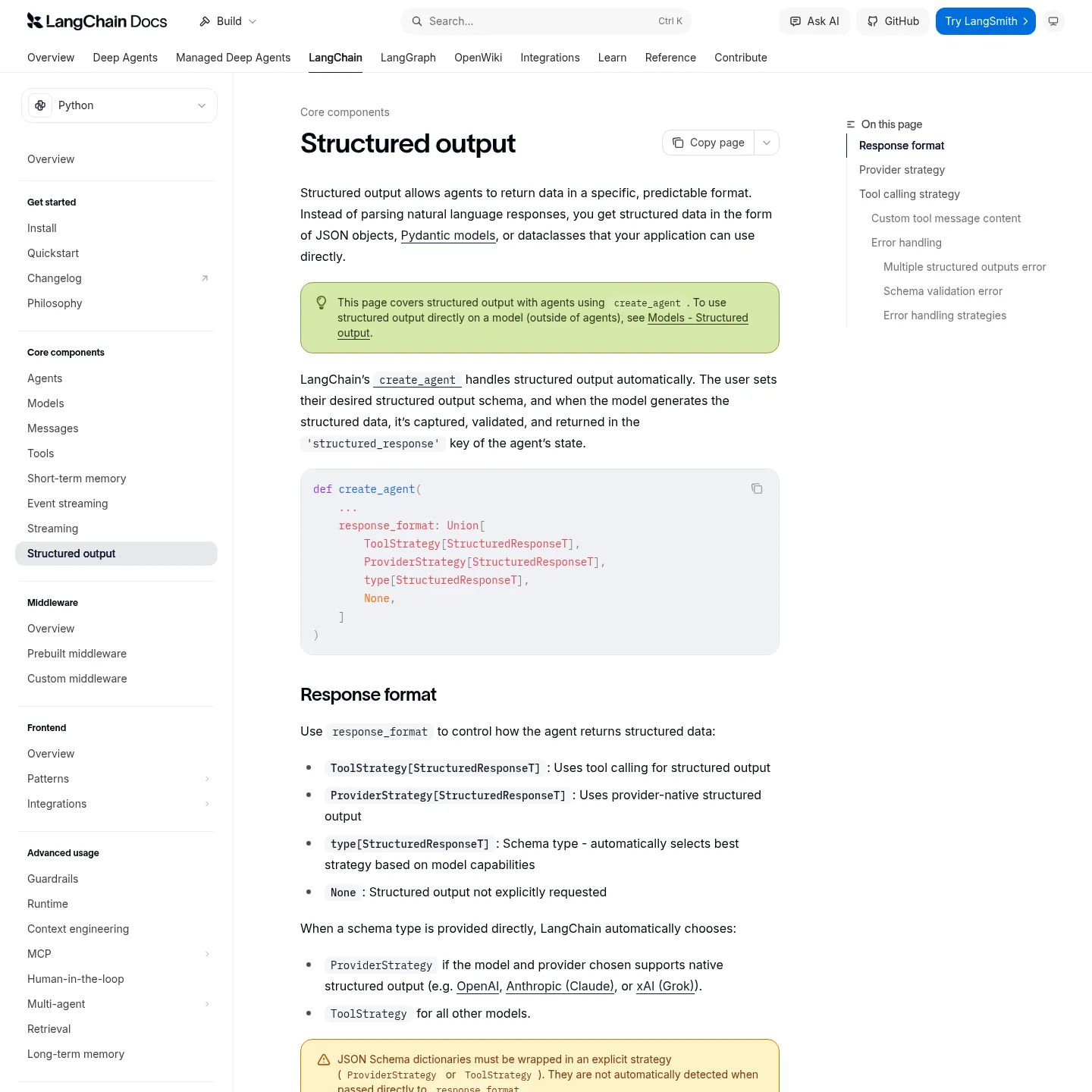 LangChain documentation showing ToolStrategy, ProviderStrategy and structured_response