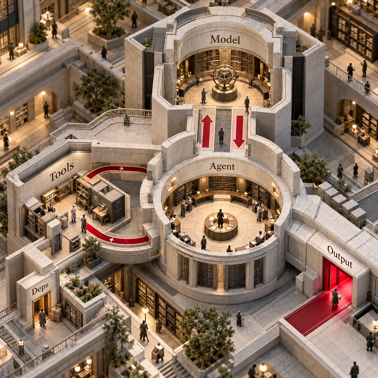 Architectural cutaway connecting the agent to its model, Python tools, runtime dependencies and output boundary