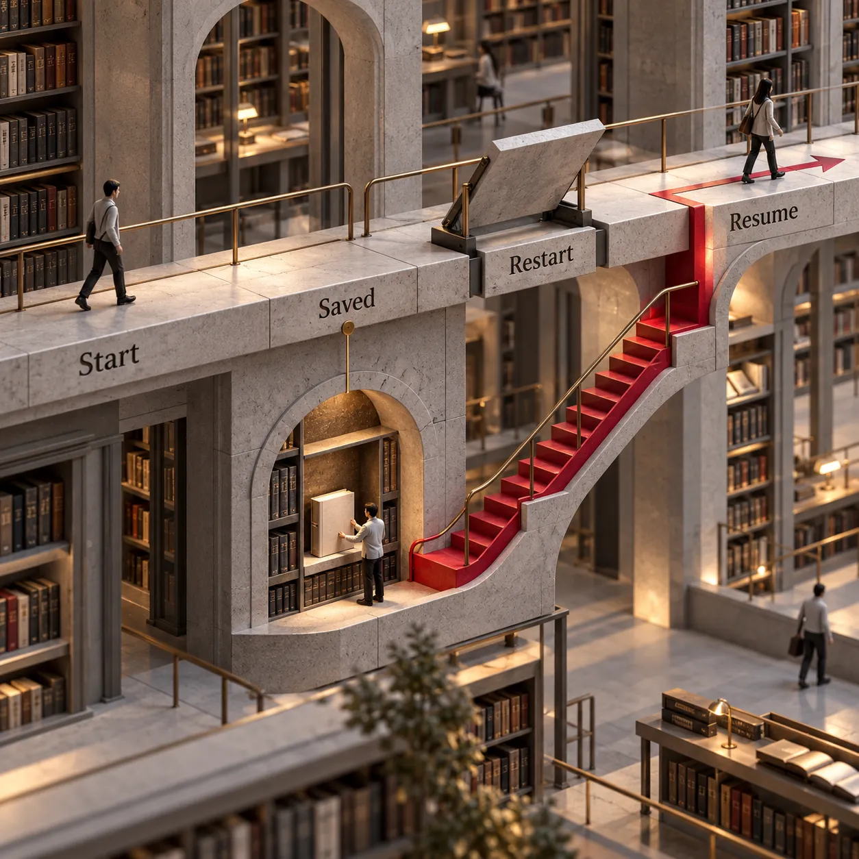 A library timeline shows saved progress bypassing an interruption to resume work