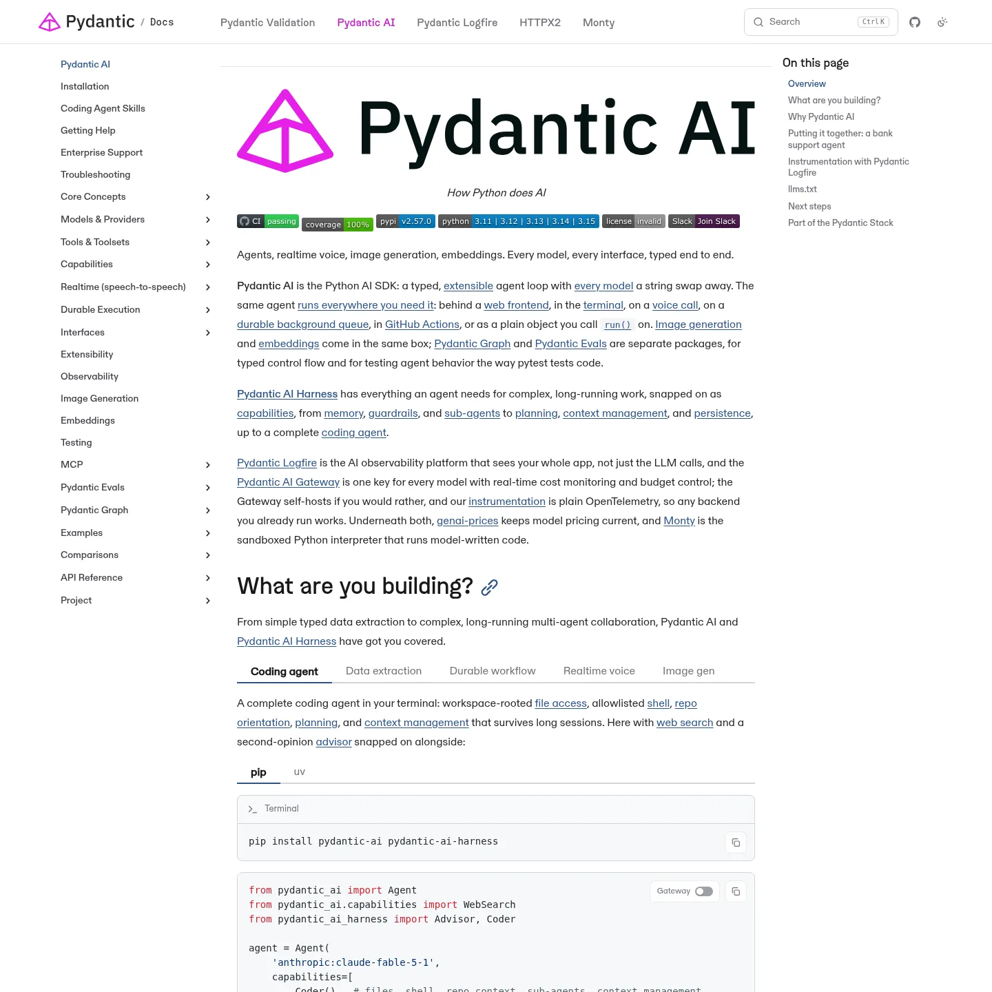 Pydantic AI documentation showing its Python SDK and agent examples