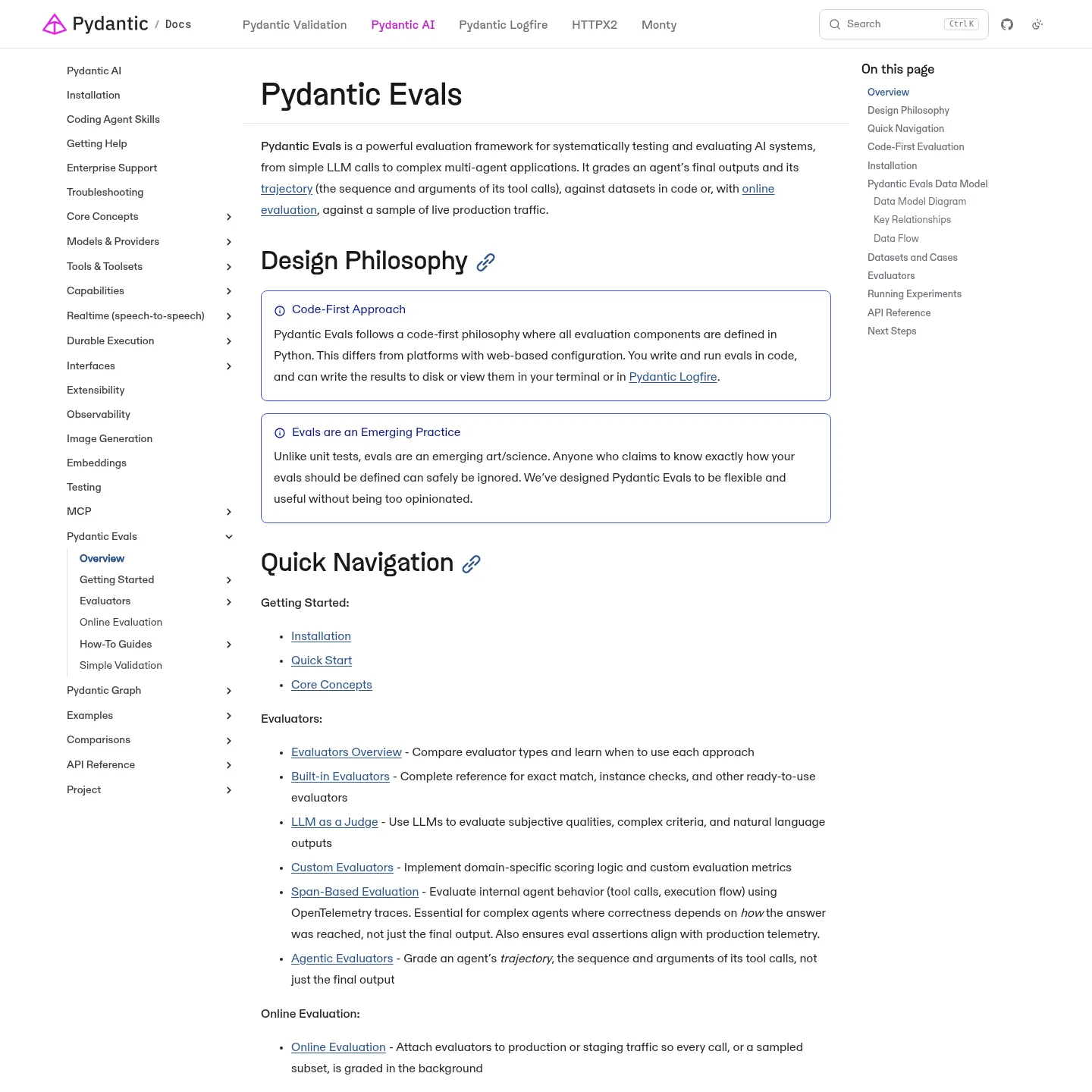Pydantic Evals documentation describing cases, evaluators and experiment reports